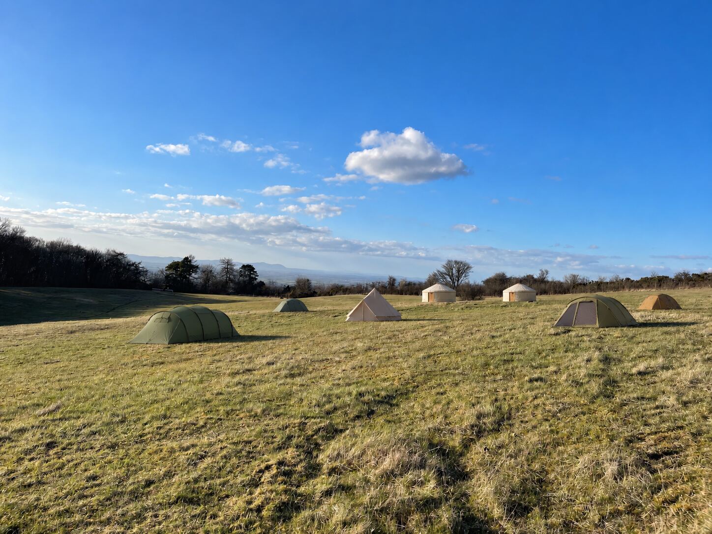 Planned layout of tents and yurts spaced across the Cotswold Camping field